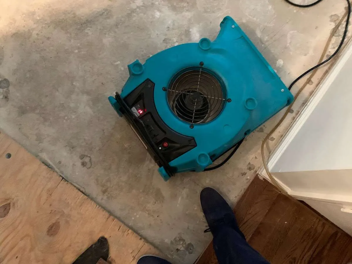 Air mover drying subfloor during Leak Detection & Repair in Porters Neck